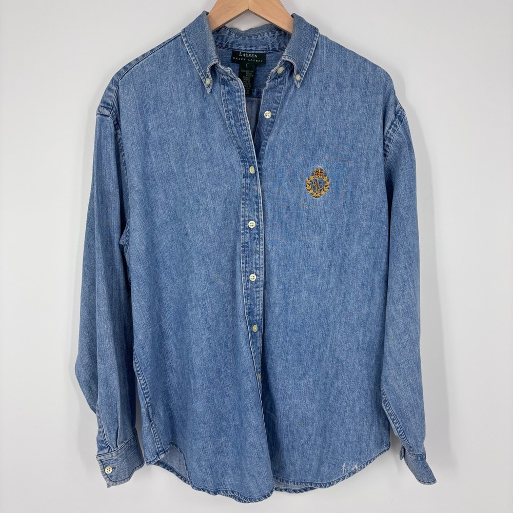 VTG 90s Lauren Ralph Lauren Crest Logo Denim Button Down Shirt Women L Blue FLAW